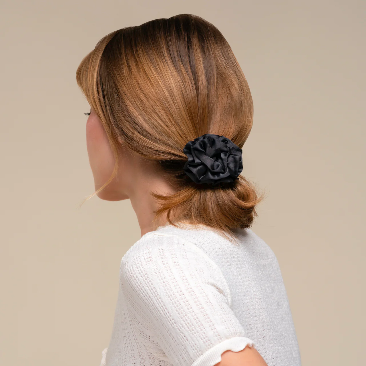 Black Rosette Ruched Satin Scrunchies - Image 2
