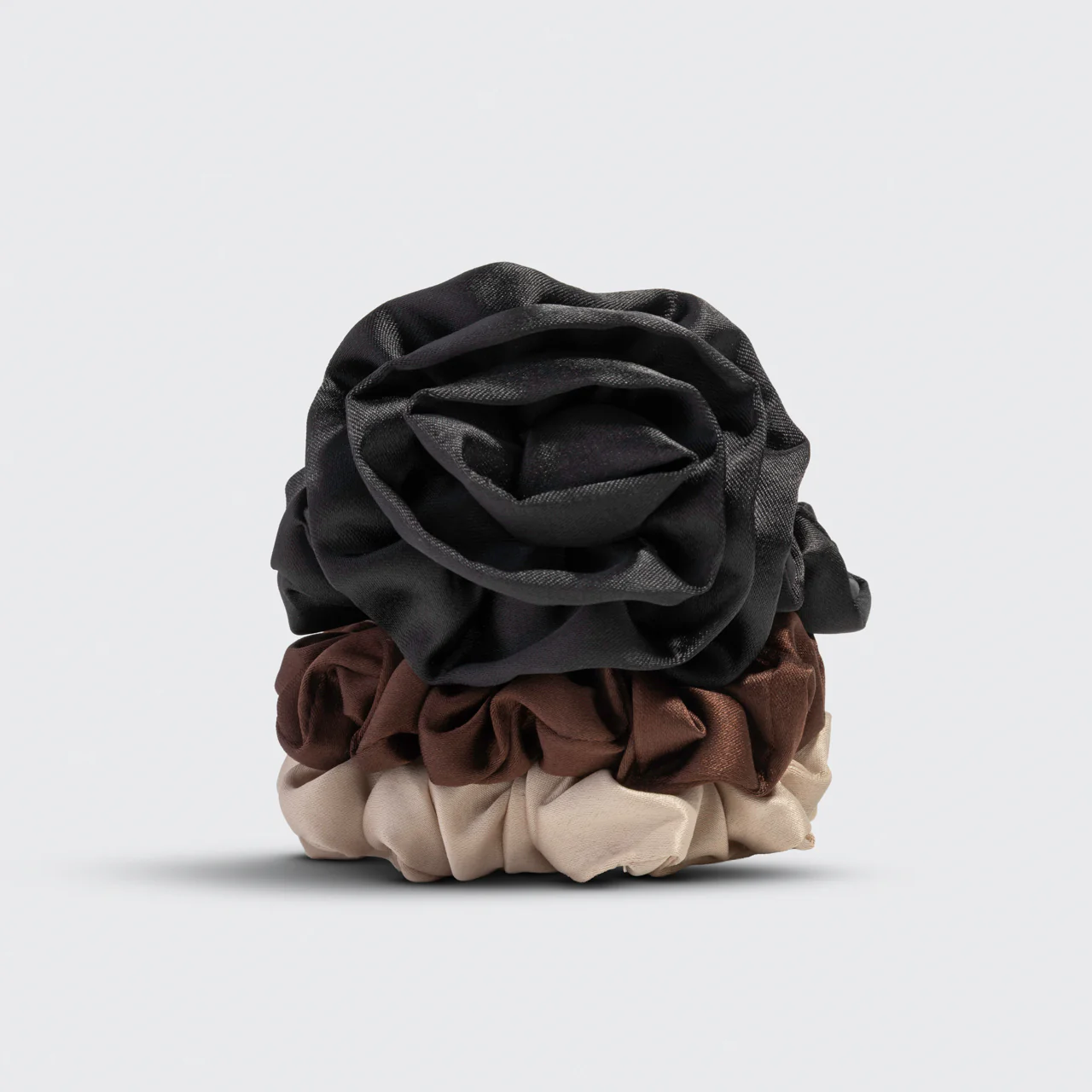 Black Rosette Ruched Satin Scrunchies - Image 3