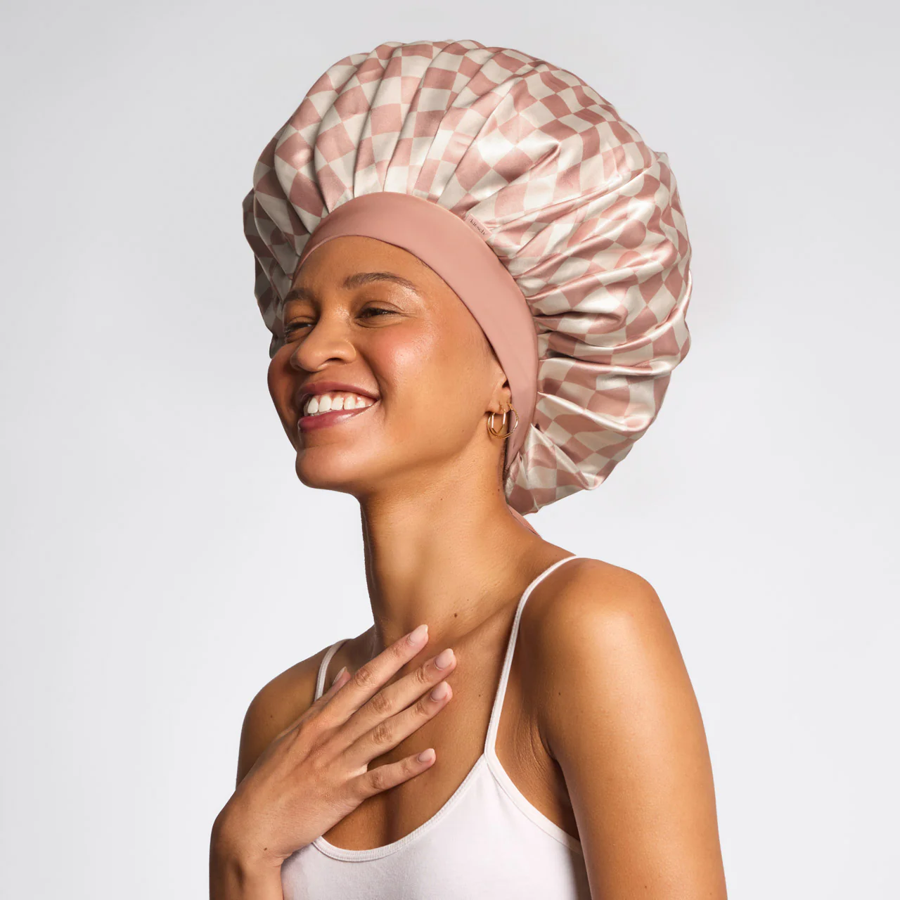 Terracotta Checker Oversized Satin Bonnet - Image 3